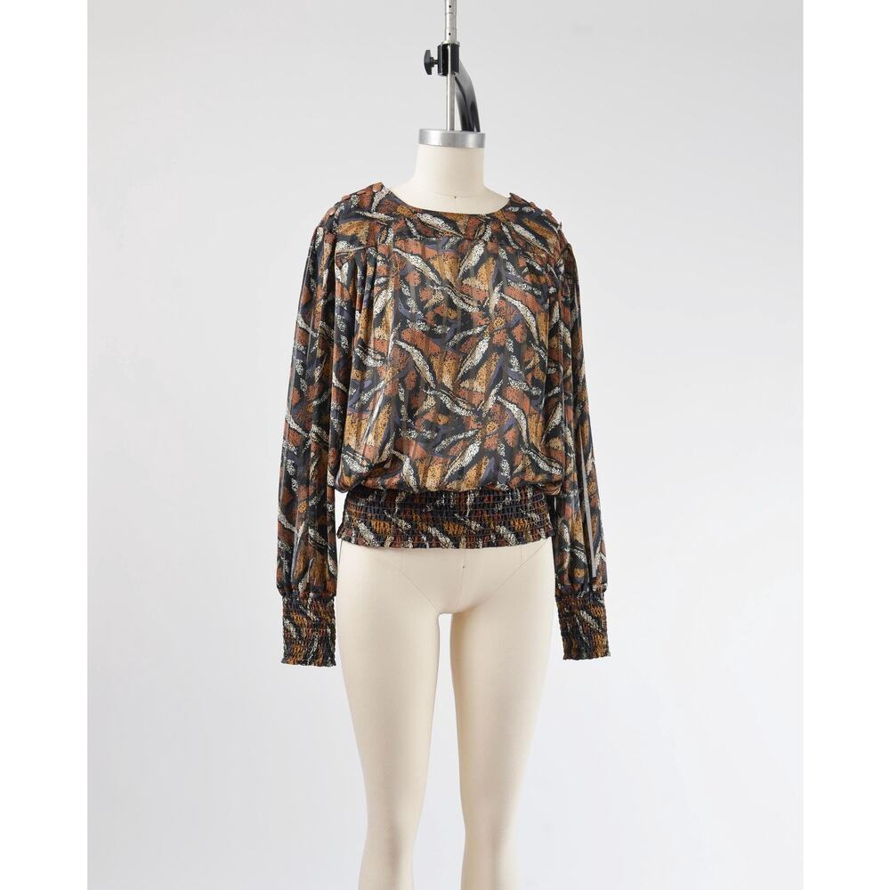 Vintage 80s Abstract Sheer Blouse Black And Brown… - image 3